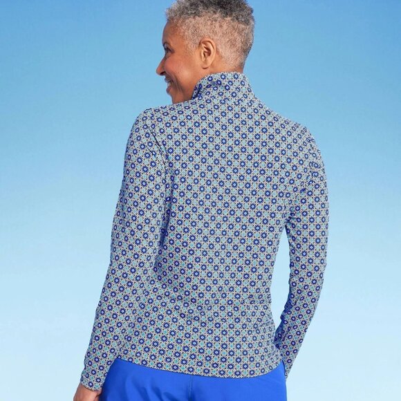 Lands' End Blue Geo Long Sleeve Quarter Zip Rash Guard Swim Shirt - Picture 2 of 5